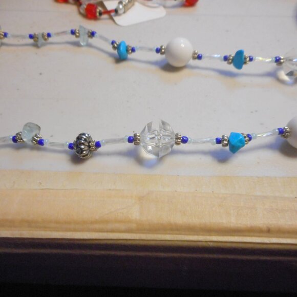 HandCrafted Necklace about 30"  ...… blue, white, silver and clear bead color - Picture 1 of 8